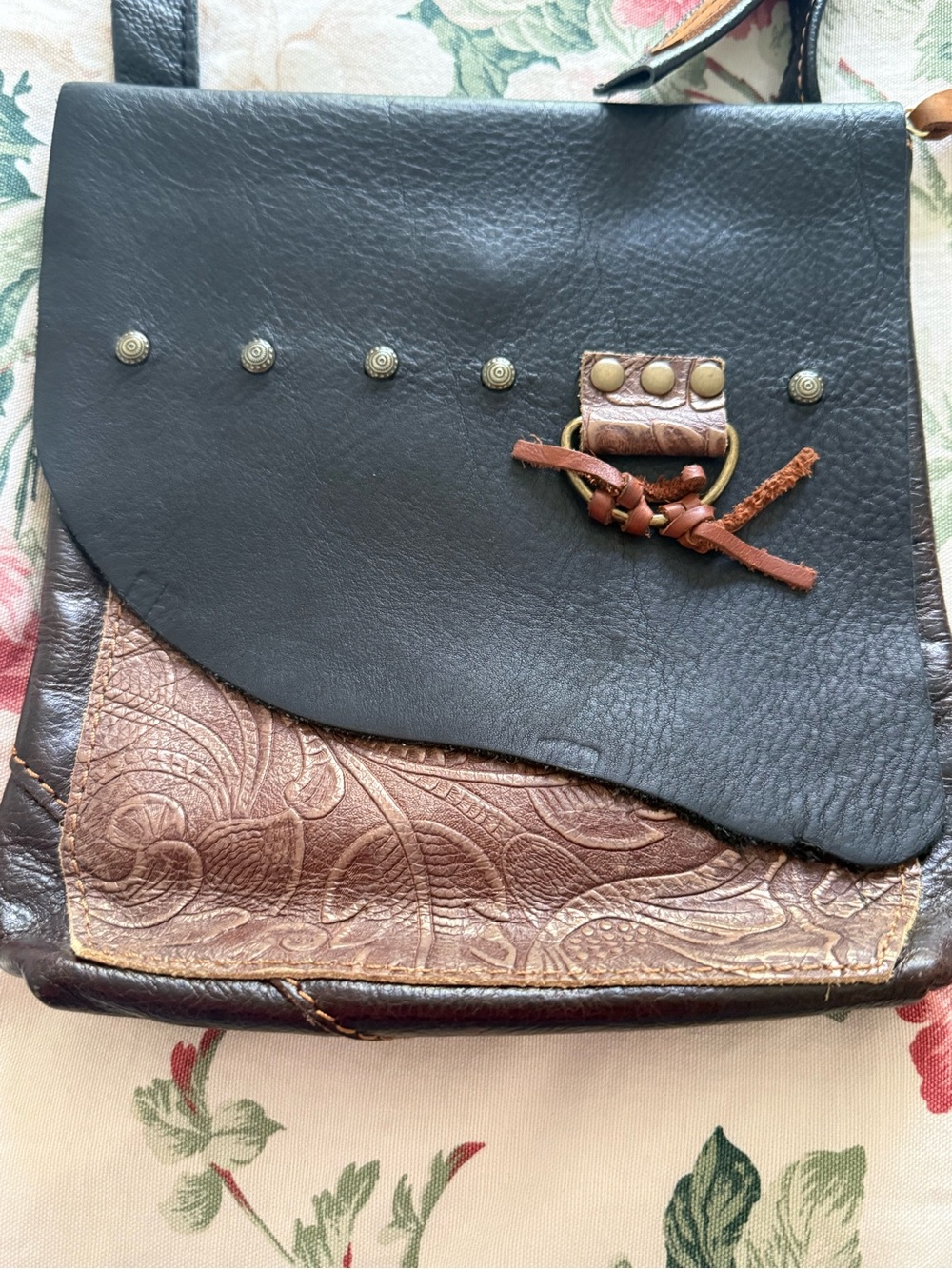 Boho Hand Tooled Leather Crossbody Bag Western Asymmetric Vintage Artisan Purse - Picture 1 of 16